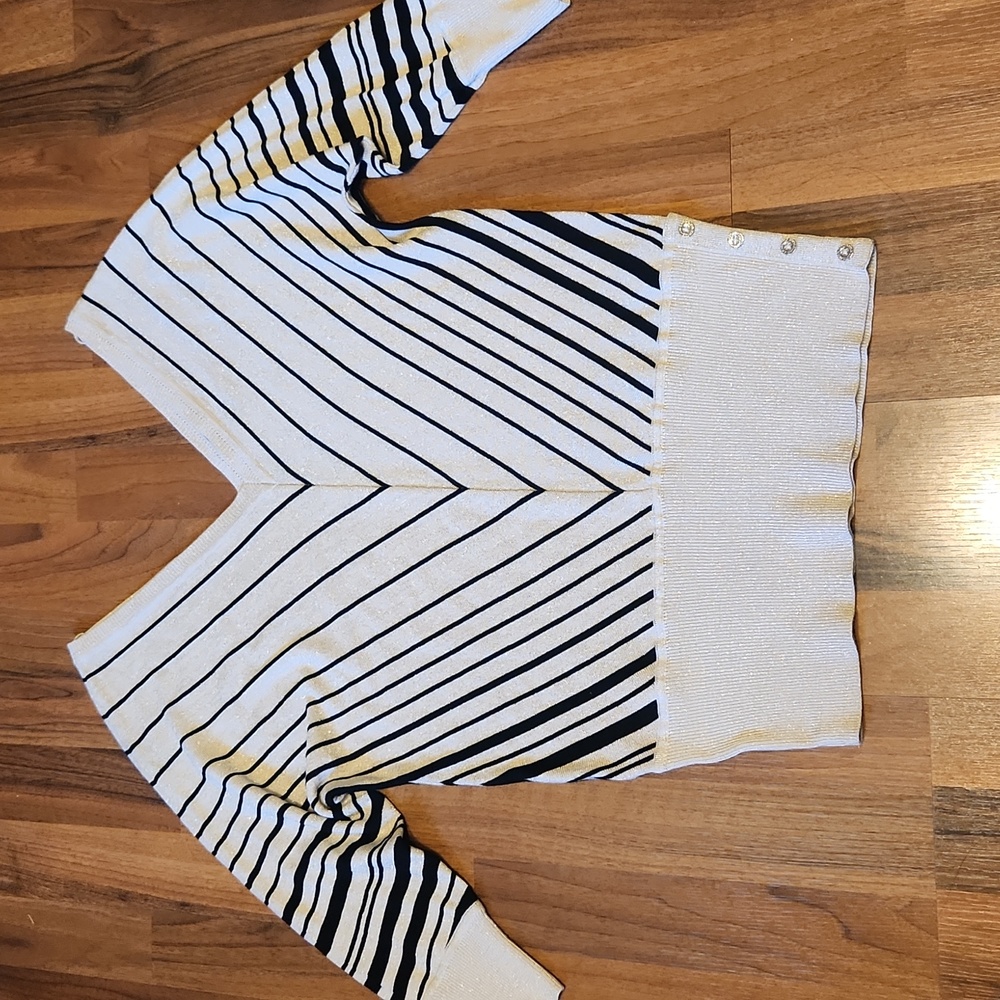 White House Black Market Tan & Black Stripe Dolman Knit Gold Metallic Top Small